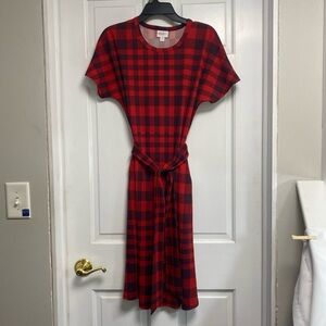 LuLaRoe Red Checkered Jessie Dress M short Sleeve Pullover Waist Tie pockets